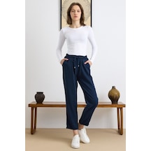 Olcay Bağcık Detaylı Beli Lastikli Soft Denim Pantolon Lacivert 7586