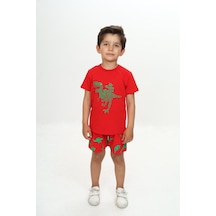 Toontoy Erkek Çocuk Kabaran Dinazor Baskılı Şortlu Takım Kırmızı