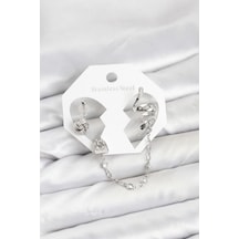 Mey İthalat Pirinç Gümüş Renk Yılan Model Zincir Bağlantılı Ear Cuff Küpe Seti Çok Renkli