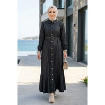 Hb Harma Time Butik Kadın Fırfır Detaylı Düğmeli Kuşaklı Kot Siyah Elbise Siyah Siyah