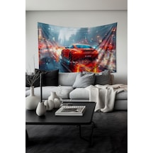 Kırmızı Spor Araba Desenli Duvar Halısı Duvar Örtüsü Tapestry Süet Dokulu Kumaş