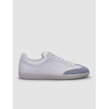 %100 Hakiki Deri Beyaz - Mavi Süet Bağcıklı Erkek Sneaker-beyaz Beyaz