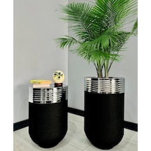 Elegant Dekoratif Krom Darbuka Siyah Saksı 70cm + Sehpa 60cm İkili Set