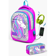 Coral High Kids Pembe Gümüş Simli Unicorn Desenli Usb'li 2'li Okul Çanta Seti Set0223412