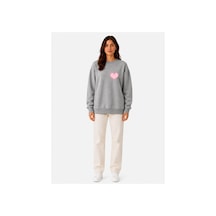 Herkesemoda Minimal Kalp Baskı Detaylı Şardonlu 2 İplik Bisiklet Yaka Sweatshirt Gri