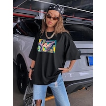 Startmore Kadın Siyah Oversize %100 Pamuk Endless Baskılı T-shirt Siyah