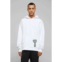 Renkli Devekuşu Illüstrasyon Baskılı Beyaz Erkek Sweatshirt