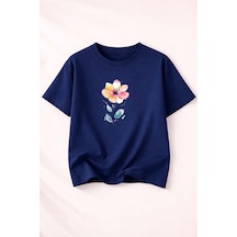 Herkesemoda Renkli Çiçek Baskı Detaylı Kadın Bisiklet Yaka Pamuklu T-shirt Lacivert