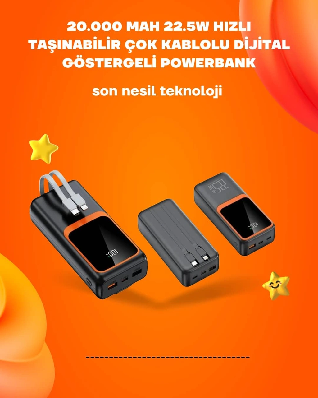 Powerbank 20000 Mah 22.5w Hızlı Şarj, Dahili Kablolu, Lcd Ekranlı Şarj Cihazı Çok Renkli