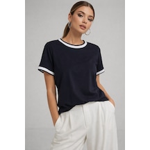 Kadın Lacivert Bisiklet Triko Yaka Kısa Kollu Basic T-shirt Lacivert