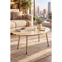 Odera Elips Orta Sehpa 90x50 Cm Metal Ayaklı Modern Retro Salon Sehpası Altın - Krem
