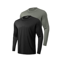 Ghassy Co. 2'li Paket Erkek %100 Pamuklu Likralı Spor Koşu Günlük Antrenman Uzun Kollu Penye T-shirt Siyah - Haki