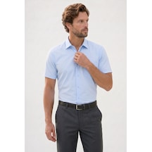 Tudors Erkek Regular Fit Klasik Kesim Pamuklu Kısa Kollu Armürlü Mavi Gömlek-50283