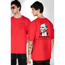 Atatürk 10 Kasım Anma Kırmızı Oversize Unisex Ön Ve Sırt Baskılı Tişört Kırmızı