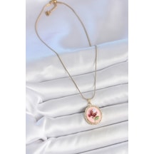 316l Çelik Gold Renk Zincir Pembe Mineli İncili Çiçek İşlemeli Portre Model Kadın Kolye - Tj-bko10155 Çok renkli