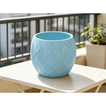 3d Baskı Yapraklı Desenli Yuvarlak Saksı Tepsili Süzdürmeli Bitki Saksısı 15 Cm Dekoratif Çiçek - Mavi Diğer