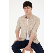 U.S. Polo Assn. Erkek Açık Haki Kareli Slim Fit Cepli Gömlek 50296624-VR183