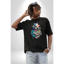 Kedi Assassin's Creed Pamuklu Bisiklet Yaka Unisex Oversize Boyfriend Dijital Baskılı Siyah T-shirt Siyah