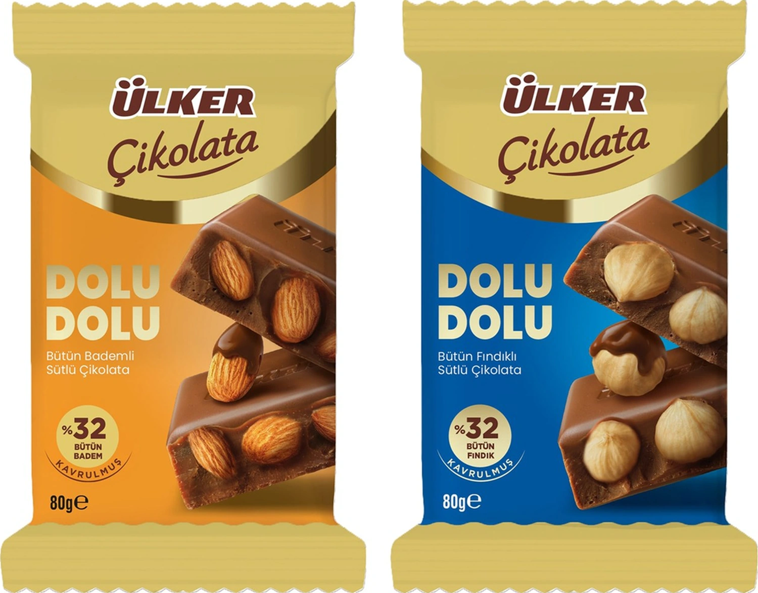 Ülker Dolu Dolu Sütlü Bütün Fındıklı Ve Bademli Çikolata 80 Gr 2 Li