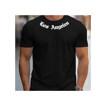 Caddemia Yaz Gevşek Boyut Los Angeles Grafik Baskılı Slim Fit Gündelik Spor Yuvarlak Siyah 2XL