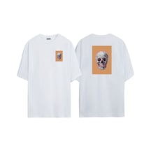 Thewert Unisex Pembe Çizgili Kuru Kafa Ön Arka Baskılı Beyaz Oversize T-shirt