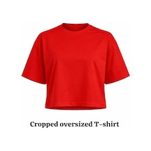 Kadın Kırmızı Oversize Crop Pamuk T-shirt Kırmızı