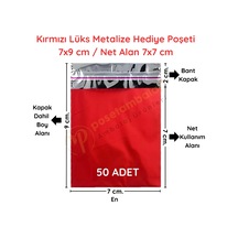 7x9 Cm Kırmızı Renk Bantlı Lüks Metalize Hediyelik Poşet 50 Adet