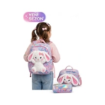 Markahit Premium Kız Çocuk Peluş Tavşanlı Anaokulu Ve İlkokul Sırt Çantası Termal Beslenme Çantası Ve Kalemli Mavi