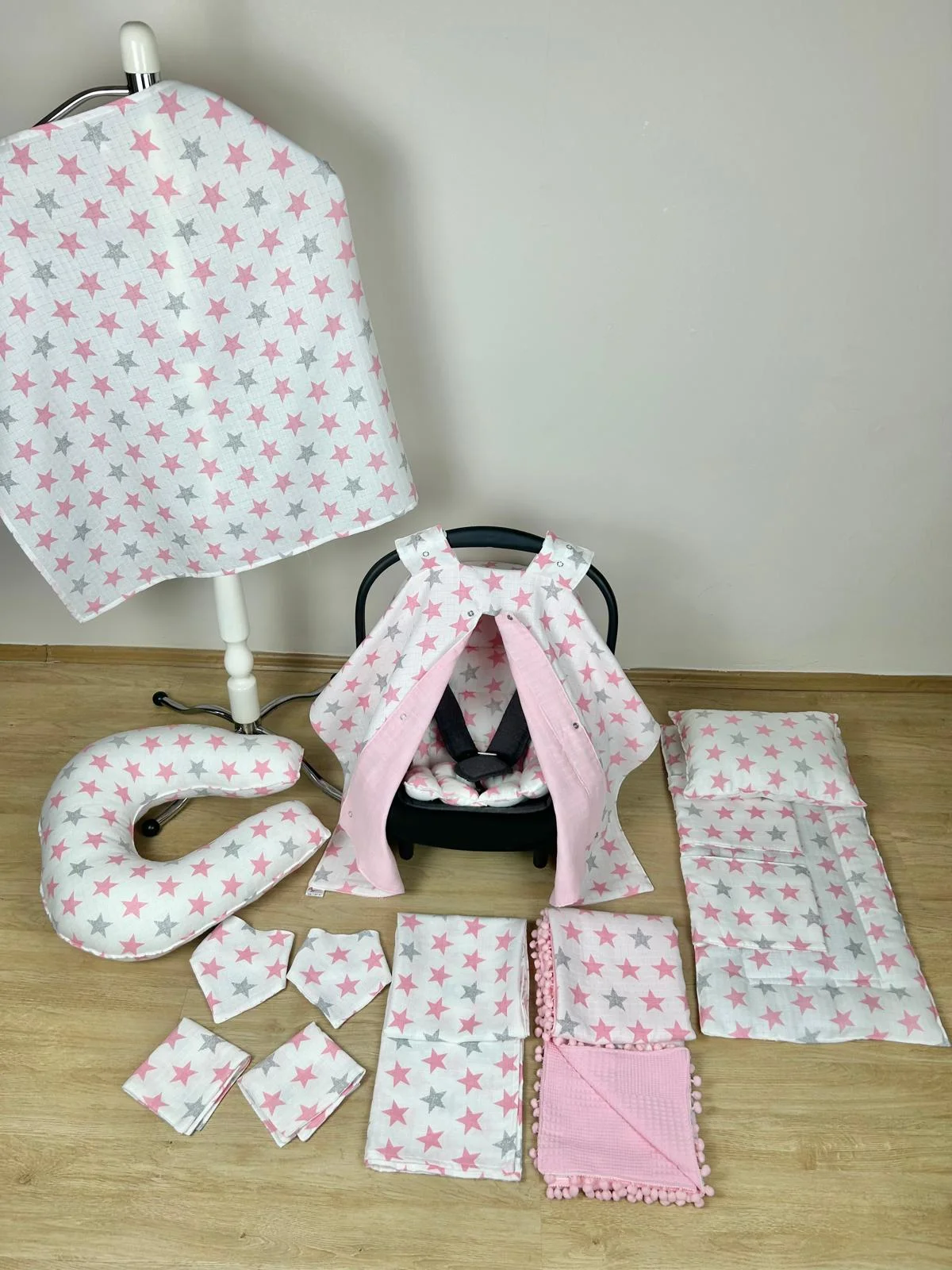 12 Parça Çift Taraflı Muslin Set Pembe Yıldız