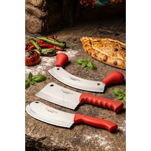 Lazbisa Mft-376 Silver Serisi Pide Börek Mutfak Bıçağı Salata Pizza Bıçak Kıyma Ve Tavuk Satırı 3 Lü Set Kırmızı
