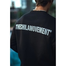 Erkek 3 İplik Pamuklu Bisiklet Yaka Oversize Baskılı Sweatshirt - Siyah