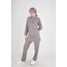 Gri Renk Sakura Model Tesettür Doktor Hemşire Scrubs Üniforma Takımı Gri Gri