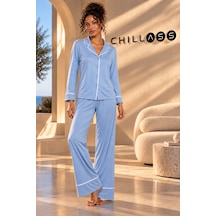 Chıllass Kadın Pamuklu Uzun Kollu Pijama Takımı Önden Düğmeli Açık Mavi Açık Mavi