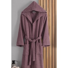 Güvenal Eos Unisex Pamuk Çizgili Kapüşonlu Bornoz Çeyiz Bornoz Seti Sabahlık Hediyelik 12 Mürdüm