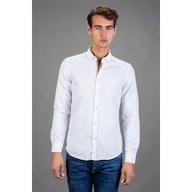 Tudors Slim Fit Dar Kesim Düz Spor Erkek Gömlek-16693 Beyaz