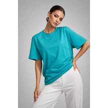 Kadın Turkuaz %100 Pamuk Oversize Basic Tişört Rahat Kalıp Relaxed Bisiklet Yaka T-shirt Turkuaz