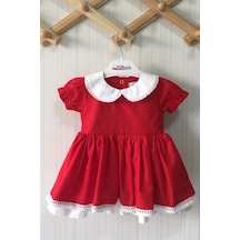 Bebe Yaka Dantel Detaylı Kırmızı Poplin Kız Çocuk Bebek Bayram Özel Gün Elbise 001
