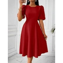 Kadın Kısa Balon Kollu Bisiklet Yaka Kiloş Janjan Krep Elbise Bordo