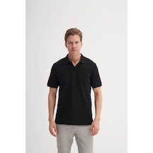 Cazador Polo Yaka Regular Fit Örme Çizgi Dokulu Tişört Siyah