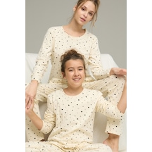 Siyah İnci Pamuklu Bisiklet Yaka Örme Pijama Takım25241142 Ekru