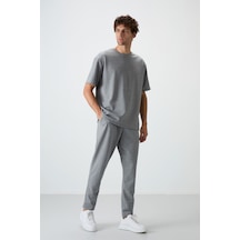 Tommy Life Gri Melanj Pamuklu Kalın Yumuşak Dokulu Oversize Fit Basic Erkek Eşofman Takım - 85251 GRİ MELANJ