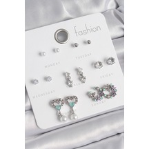 Pirinç Gümüş Renk Zirkon Taşlı Sallantılı Kalp Model Çiçek Detay 7 Çift Kadın Küpe Seti Çok Renkli