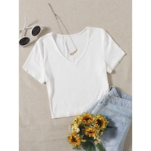 Liona V Yaka Beyaz Renk Fitilli Kısa Kollu Regular Crop Top Bluz