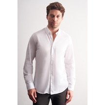 İmza Beyaz Düğmeli Yaka Kendinden Desenli Örme Uzun Kol Performans Ürün Slim Fit %100 Pamuk Gömlek 1004255272 Beyaz