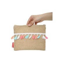 Estorebox Baghashtag Fosforlu Renkli Pon Pon Püsküllü Jüt Clutch Bez Çanta Çok Renkli
