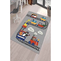 Gri Kaymaz Tabanlı Yıkanabilir Oyun Halısı Çocuk Halısı Kd46n11