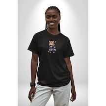 Asyalı Kedi Samuray Savaşcı Siyah Oversize Unisex Ön Orta Minimal Baskılı Tişört Siyah
