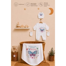 Pia Baby Yeni Doğan Kız Bebek 4 Parça Hastane Çıkışı Seti %100 Pamuk Kişiye Özel İsimli Battaniyeli Tulum Set 2041bt0x Ekru