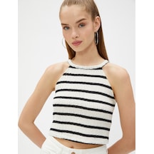 Koton Crop Kroşe Atlet Halter Yaka Triko Ajurlu Dar Kesim Siyah Çizgili 3sal30196ık Siyah Çizgili