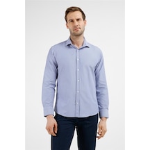 İmza Lacivert - Beyaz Çizgili Desen İtalyan Yaka Uzun Kol Cepsiz Slim Fit Pamuklu Gömlek 1004255217 Lacivert - Beyaz